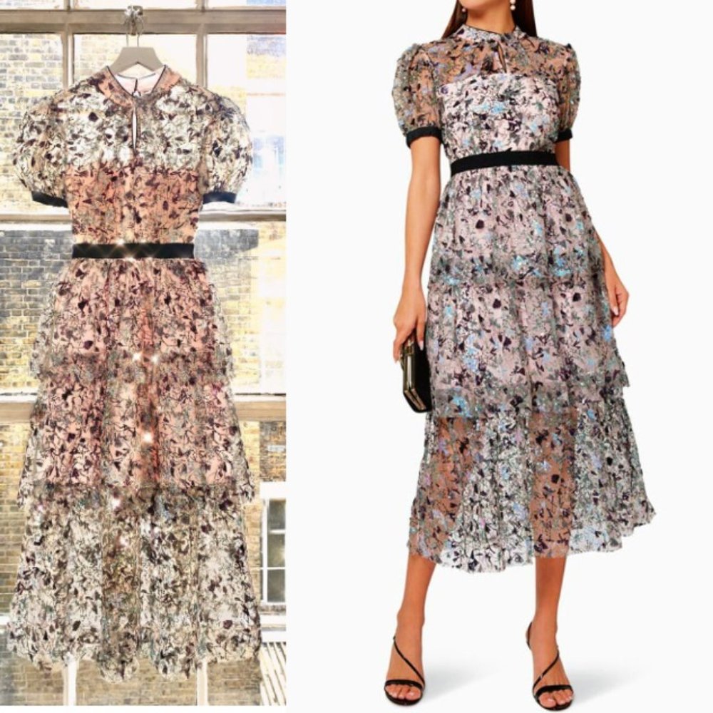 Self-Portrait Multicolor Floral Lace Midi Dress with Black Waistband